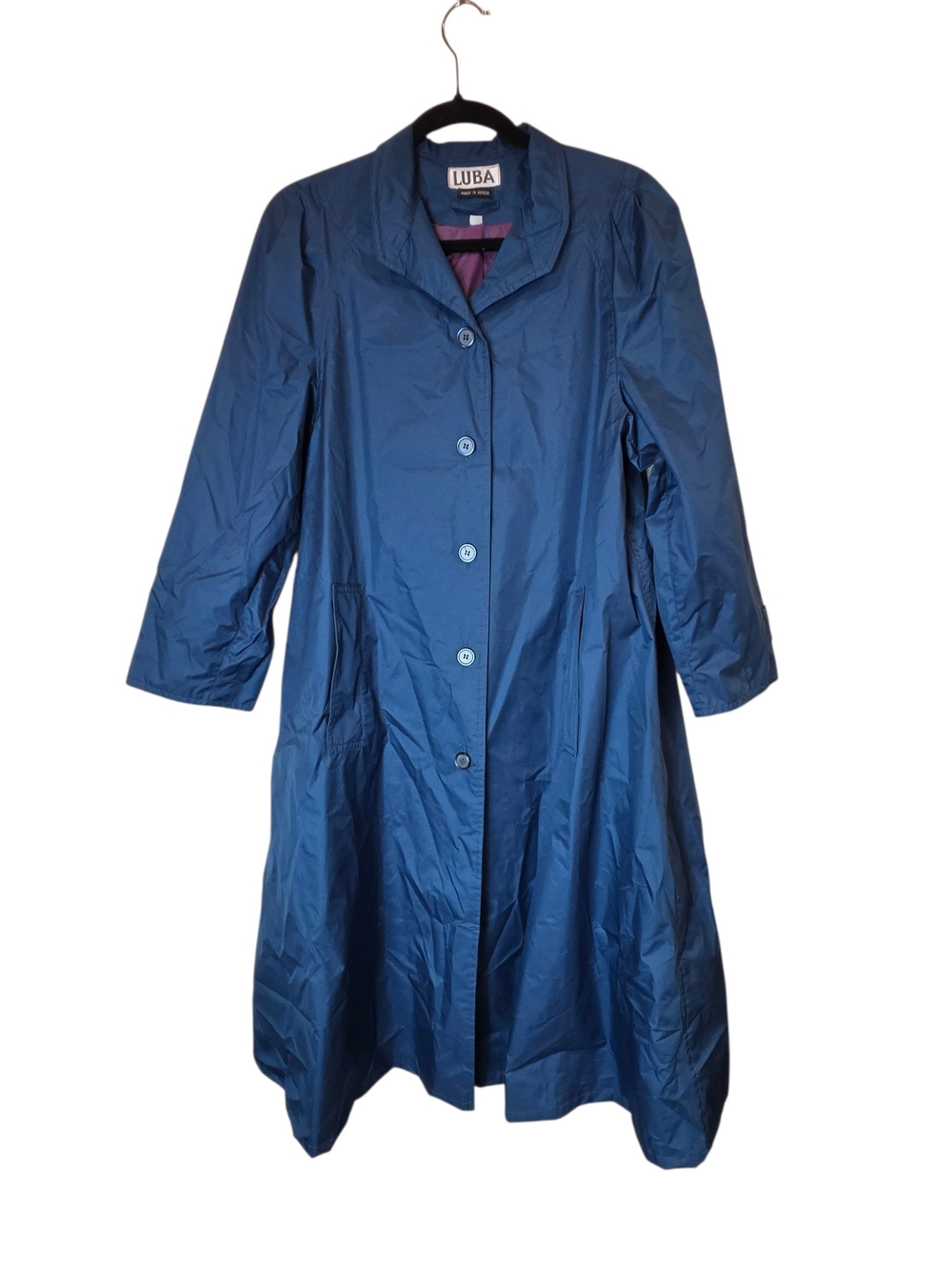 LUBA Vintage Rain Trench Coat Size 7/8 80s Teal Blue Retro Duster